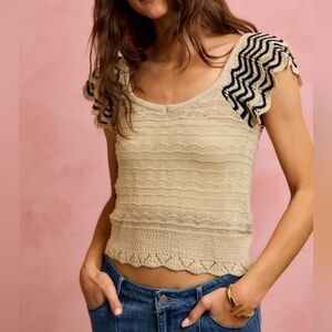 SO ME Women's Textured Knit Top With Fluttered Sleeves Crochet Top S M L